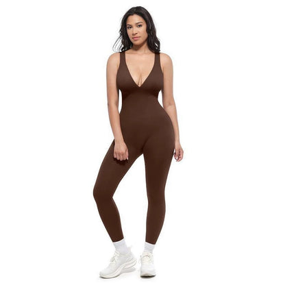 Solid color fitness sleeveless V-neck abdominal slimming exercise yoga jumpsuit pants for women